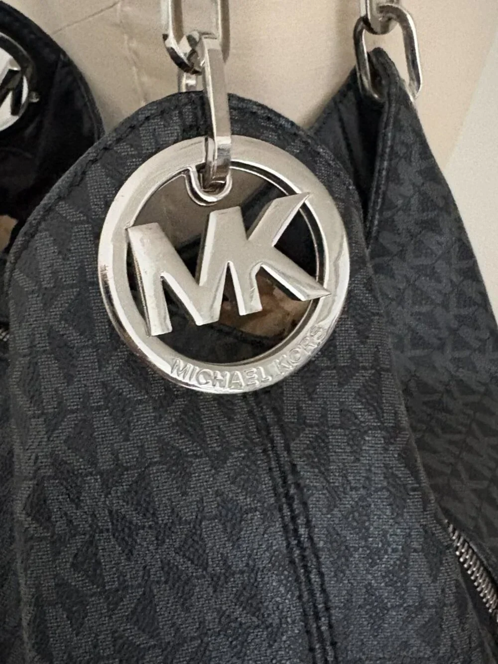 Michael Kors Fulton Large Chain Shoulder Tote Bag Black Monogram Quiet Luxury
